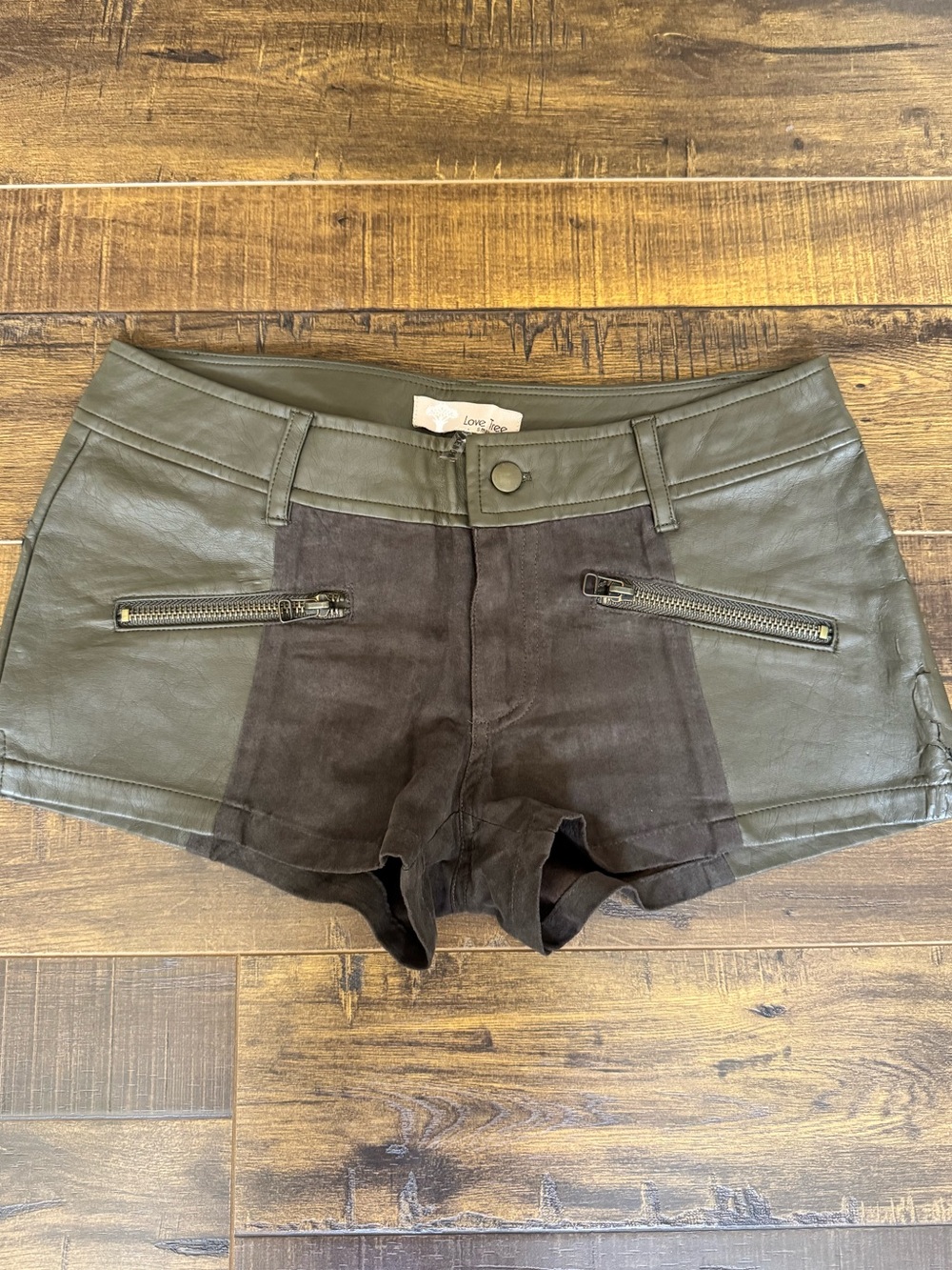 “Love Tree” Olive Green Faux Leather Shorts with Suede Panels